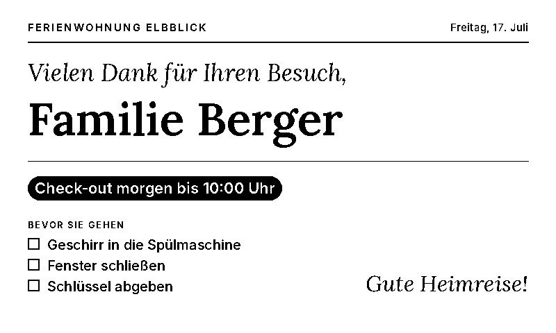 Abreise-Ansicht mit Check-out-Zeit und Checkliste