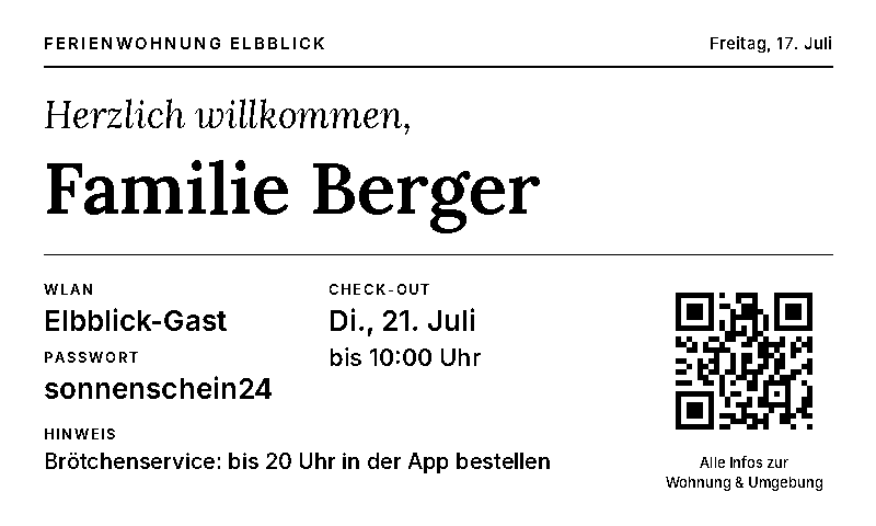 Display-Ansicht Begrüßung mit Gastname, WLAN und Check-out