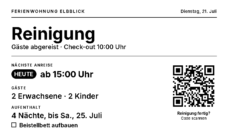 Reinigungsansicht mit nächster Anreise, Gästezahl und QR-Code